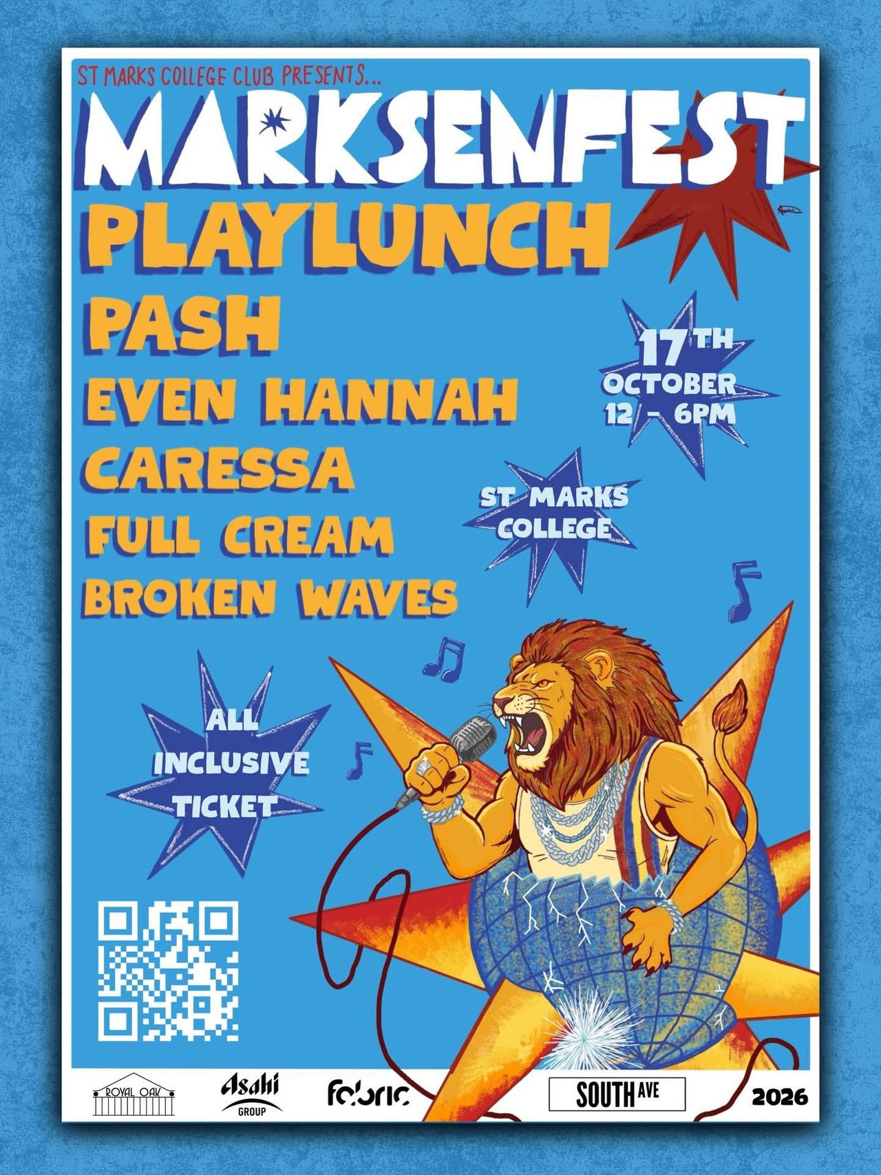 Event poster for Marksenfest 2026 at St Marks College featuring headliner Playlunch and an illustration of a singing lion.